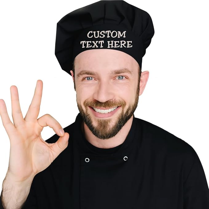 Personalized Chef Hat with Custom Embroidered Name or Text – Adjustable Professional Cooking Hat for Men & Women, Baking, BBQ, Kitchen, Restaurant Use