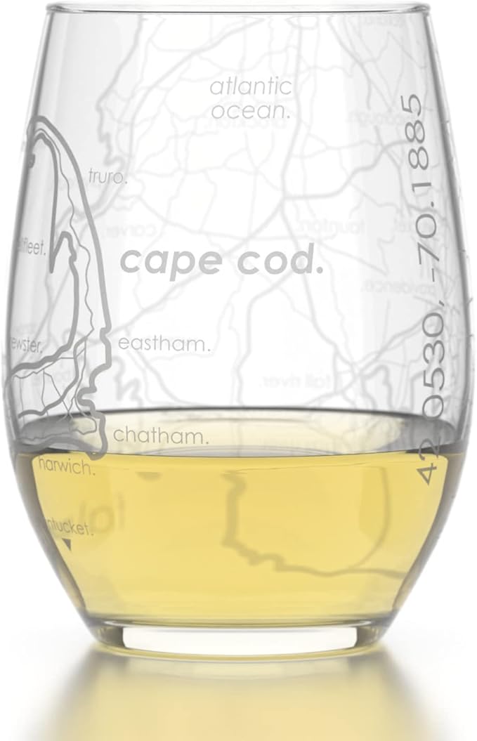 Well Told Engraved Cape Cod Massachusetts Map Stemless Wine Glass, Etched Glass (15 oz, Clear) City Custom Gifts for Lovers