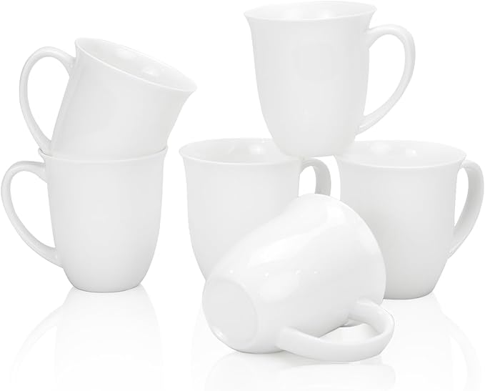 Fine Bone China Coffee Mugs Set of 6, 13 Oz White Tea Cups with Outwardly Tilted Rim, Wide Mouth Lightweight Ceramic Coffee Mugs, DIY Gifts for Coffee & Tea Lovers