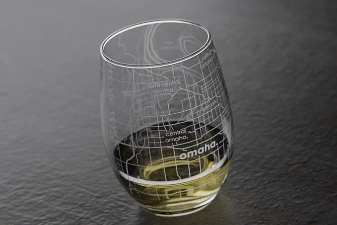 Well Told Engraved Omaha Nebraska Map Stemless Wine Glass, Etched Glass (15 oz, Clear) City Custom Gifts for Lovers