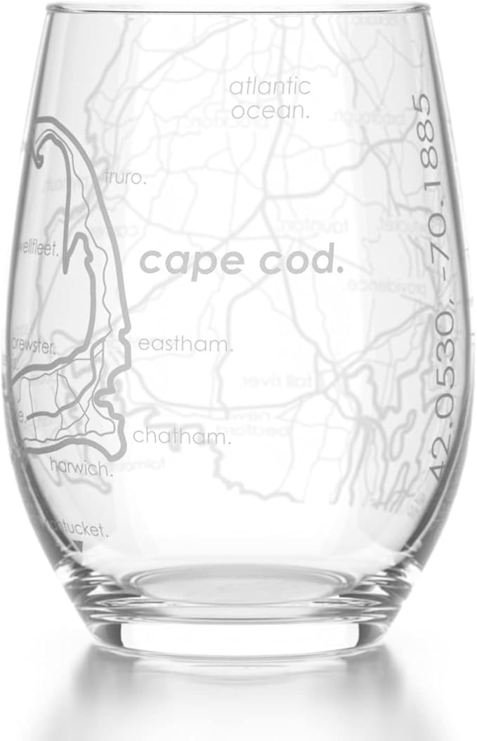 Well Told Engraved Cape Cod Massachusetts Map Stemless Wine Glass, Etched Glass (15 oz, Clear) City Custom Gifts for Lovers