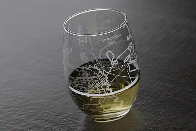 Well Told Engraved San Francisco California Map Stemless Wine Glass, Etched Glass (15 oz, Clear) City Custom Gifts for Lovers