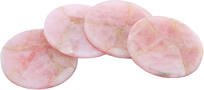Set of 4 Natural Rose Quartz Coasters – Crystal Stone Drink Coasters for Coffee Table Decor, Serveware, Wine & Bar Coasters, Wedding Gift, Table Organizers, Housewarming Gifts, Gifts for her