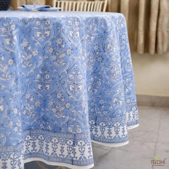 Ridhi Block Print Round Cornflower Blue Reusable Tablecloth 100% Cotton 60" Inch Decorative Table Cover eveyday Dining, Home, Party, Wedding, Farmhouse Gift for Spring, Easter, Valentine