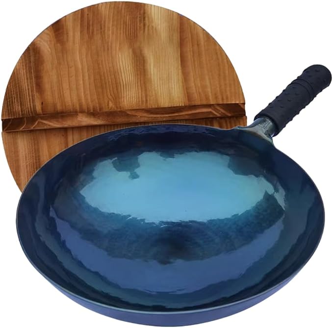 iron wok with lid,13.8 inch woks & stir-fry pans nonstick,chinese traditional pans for open fire,large cookwares,cooking,bbq,grill,camping,blue pre-seasoned round bottom wok (34cm)