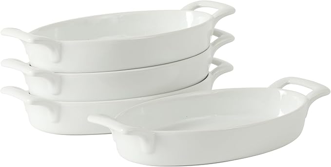 Gibson Home Gracious Dining Oval Au Gratin Baking Dishes, 4-Piece Set – 15 oz Oven Safe Ceramic Small Casserole Dishes with Handles, Microwave & Dishwasher Safe Mini Bakeware, White
