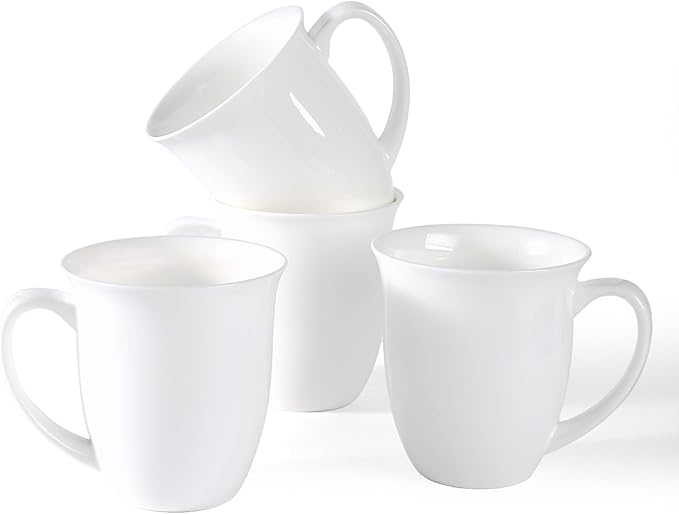 Fine Bone China Coffee Mugs Set of 4, 13 Oz White Tea Cups with Outwardly Tilted Rim, Wide Mouth Lightweight Ceramic Coffee Mugs, DIY Gifts for Coffee & Tea Lovers
