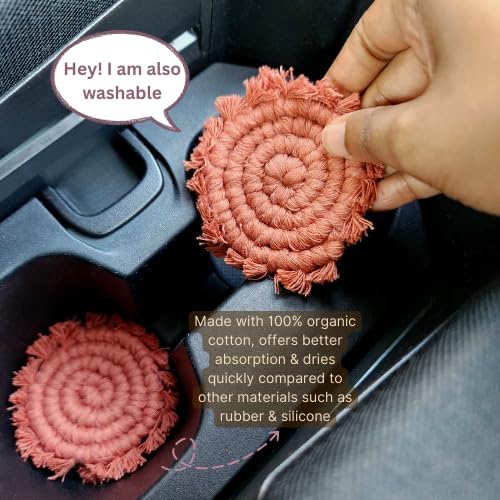 Cotton Car Coasters for Cup Holders, 2PC Car Cup Coasters, Drink Coaster Holder, Cute cupholder Coaster Accessories for Women, Macrame, Boho (Cafe Latte)