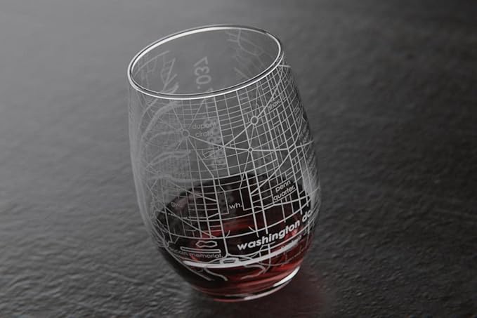 Well Told Engraved Washington DC Map Stemless Wine Glass, Etched Glassware (15 oz, Clear) City Map Gift, Custom Barware, Gifts for Wine Lovers