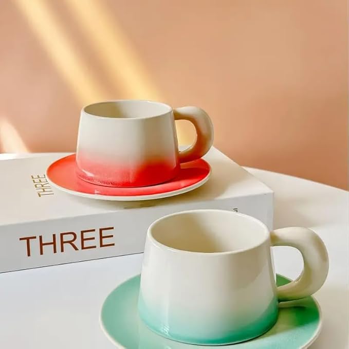 Ceramic Cappuccino Cup and Saucer Set, 8 oz, White with Pink Gradient, Microwave Safe, with Spoon (green)