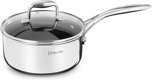 DELUXE Hybrid Ceramic Nonstick 2-Quart Saucepan with Tempered Glass Lid, Stainless Steel Pot with Stay-Cool Handle, Dishwasher Oven Safe, Induction Ready, PFOA Free Compatible with All Cooktops