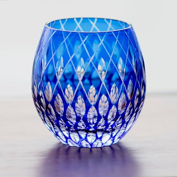 JINZHI Japanese Style EDO Kiriko Whiskey Glasses 11OZ Unique Shape Colored Hand Carved Crystal Glass Tumbler for Bourbon Lovers - Style Glassware for Rum - Rocks Glasses in Gift Box (Sky Blue)