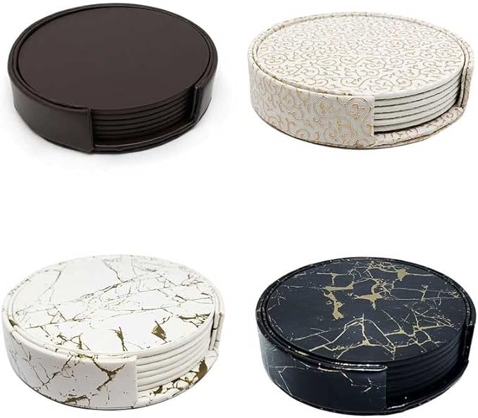 6PCS Leather Marble Coaster Drink Coaster Coaster Easy to Clean Placemat Round Tea Mat Table Mat Rack(Gray)