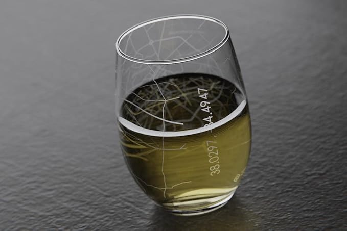 Well Told Engraved Lexington Kentucky Map Stemless Wine Glass, Etched Glass (15 oz, Clear) City Custom Gifts for Lovers