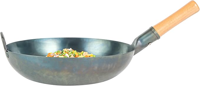 Restaurantware-Motomori 14 Inch Blue Carbon Steel Wok Pan, 1 Traditional Japanese Wok - Flat Bottom, Hand-Hammered, Carbon Steel Traditional Stir Fry Pan, With Wooden Handle