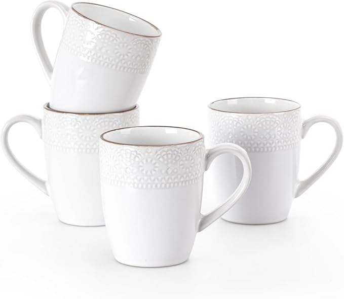famiware Coffee Mugs Sets for 4, 12 oz Mug Set, Coffee Cups with Handle for Coffee, Tea, Cocoa and Milk, Microwave and Dishwasher Safe, White Floral