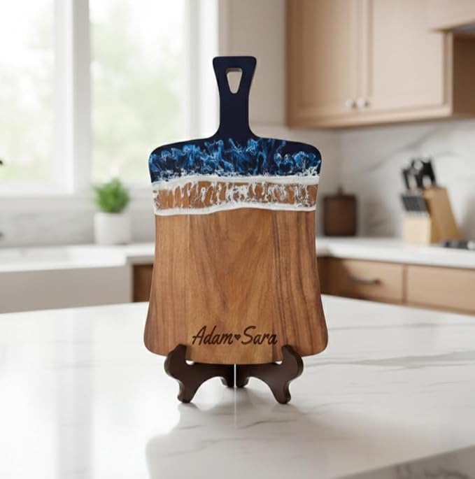 Personalized Charcuterie Board with display stand, Custom Engraved Wood Serving Board with Name, Housewarming Gift, Realtor Closing Gift, Wedding Gift for Couple, Muslim Couple Gifts, Ramadan Gifts