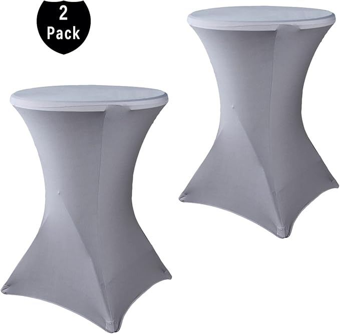 2 Pack 24x43 Inch Grey Cocktail Tablecloth Spandex Round Fitted Table Cover for Wedding Banquet Event Party