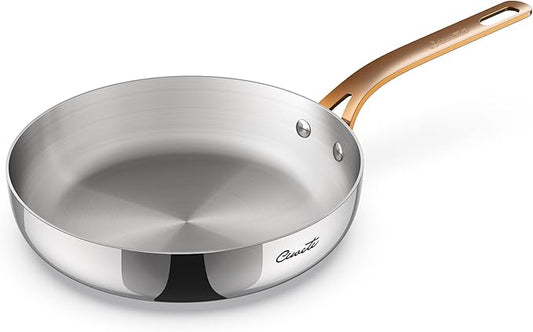 9.5 Inch Tri-Ply Stainless Steel Frying Pan with Stay-Cool Brass Handle, Professional-Quality Skillet for All Stovetops, Oven and Dishwasher Safe, PFOA & PTFE Free, Fast and Even Heating