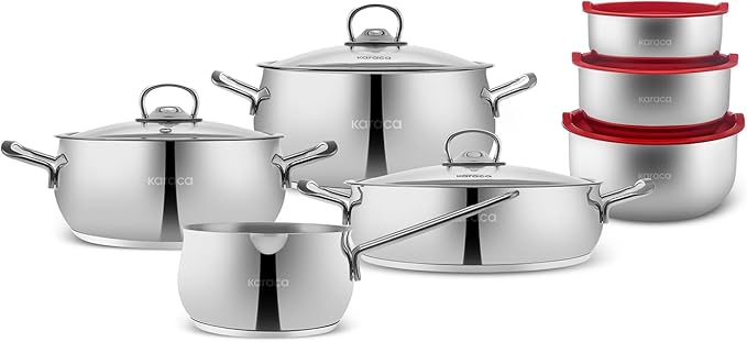 Karaca Stainless Steel Cookware Set 13-Piece, Storage Containers, Creamer Pan, Pot Set, Induction Kitchen Cooking Set for Daily Cooking, Elegant Silver Finish Pots and Pans Set