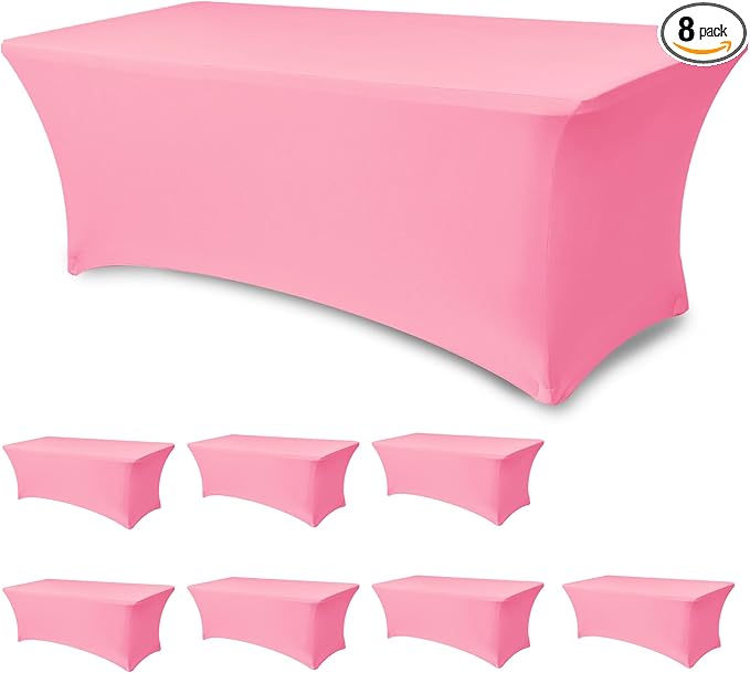 Table Cover for 6 Foot Rectangle Tables-8 Pack Pink Fitted Stretch Tablecloth-Elastic Spandex Tablecloths for Party, Wedding, Vendor Booth Display, Banquet Buffet Event, Craft Trade Show