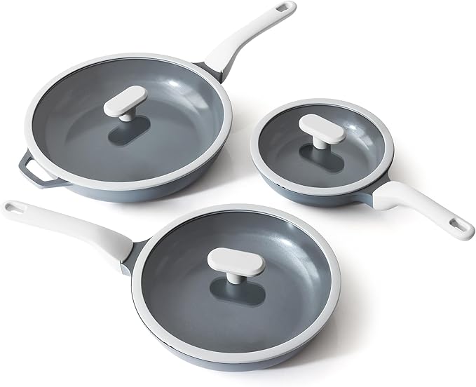 PRICUSIS 8Pcs Nonstick Ceramic Frying Pan Set with Lid, 8+10+12 Inch Induction Compatible, Stay Cool Handle, Fully Coated, 100% Dishwasher Safe, PTFE PFAS & PFOA Free Omelet Pans (Blueberry Gray