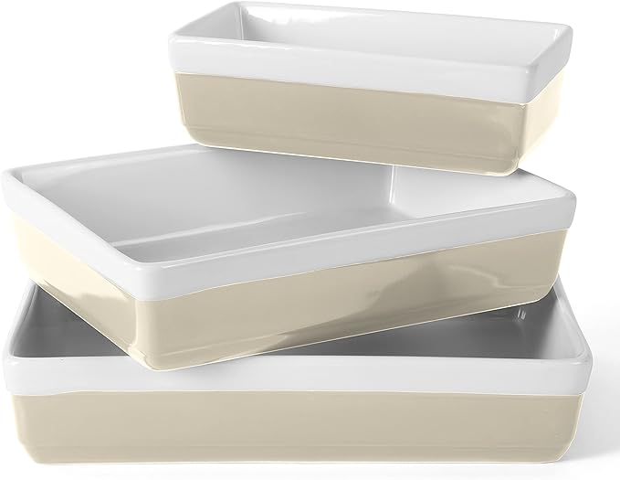 MARTHA STEWART 3-Piece Oven to Table Stoneware Bakeware Set – Baking Dish & Casserole Set – Grey – Durable Oven-Safe Bakeware for Baking and Serving