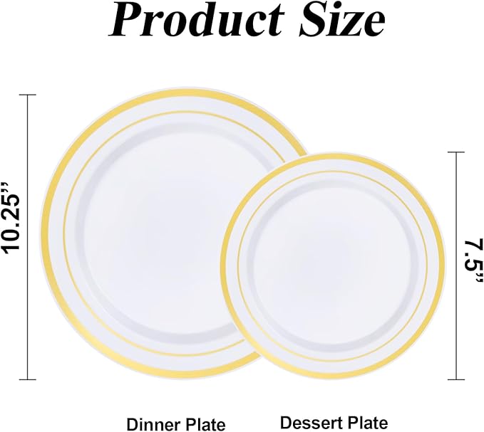 BESTSTAR 100PCS White Plastic Plates Set with Gold Rim, 50 10.25 inch Heavy Duty Dinner Plate and 50 7.5 inch Dessert Appetizer Plates, Premium Disposable Plates for Party, Wedding, Birthday