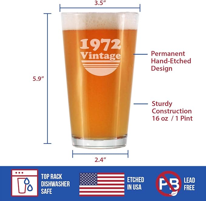 Bevvee Vintage 1972 Pint Glass for Beer - 54th Birthday Gifts for Men or Women Turning 54 - Fun Bday Party Decor - 16 oz
