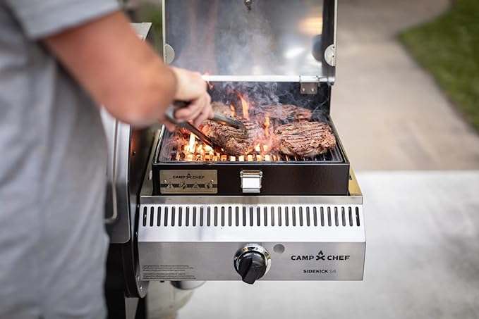 Camp Chef Sidekick Sear - Includes BBQ Box for Pellet Grill - Accessory for Outdoor Cooking - Sear & Grill with Ease - 14" Cooking System Compatible, Silver