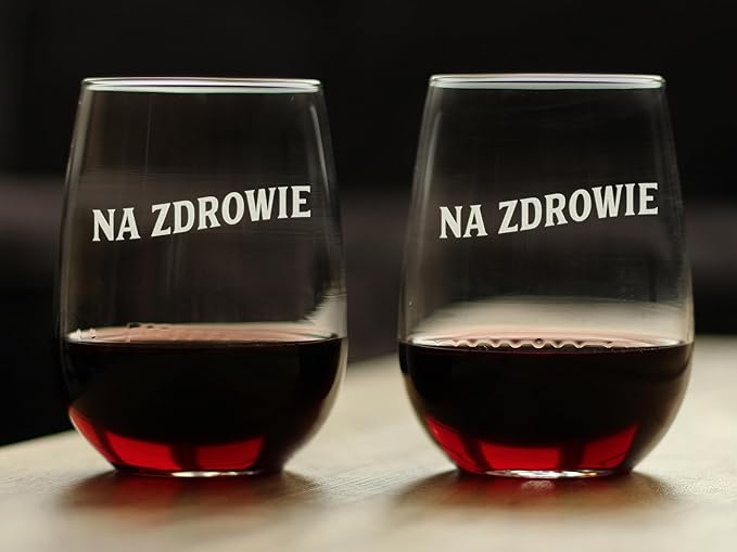 Bevvee Na Zdrowie Polish Cheers - Stemless Wine Glasses - Set of 2 - Cute Poland Themed Gifts or Party Decor - Large 17 Ounce
