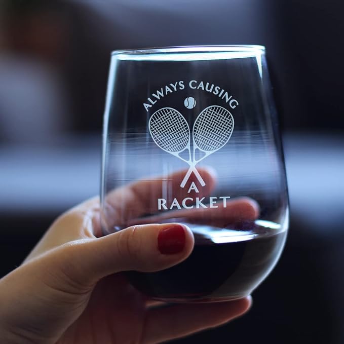 Bevvee Causing A Racket - Stemless Wine Glass - Funny Tennis Themed Decor and Gifts - Large 17 Oz Glasses