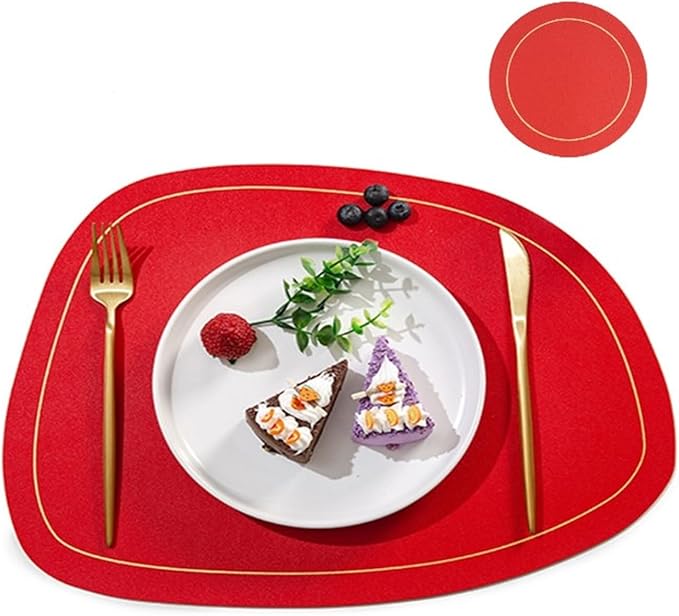 PU Leather Round Placemats and Coasters Easy to Clean Faux Leather Elegant Kitchen Parties Patio Dining Table Place Mat(SP red)