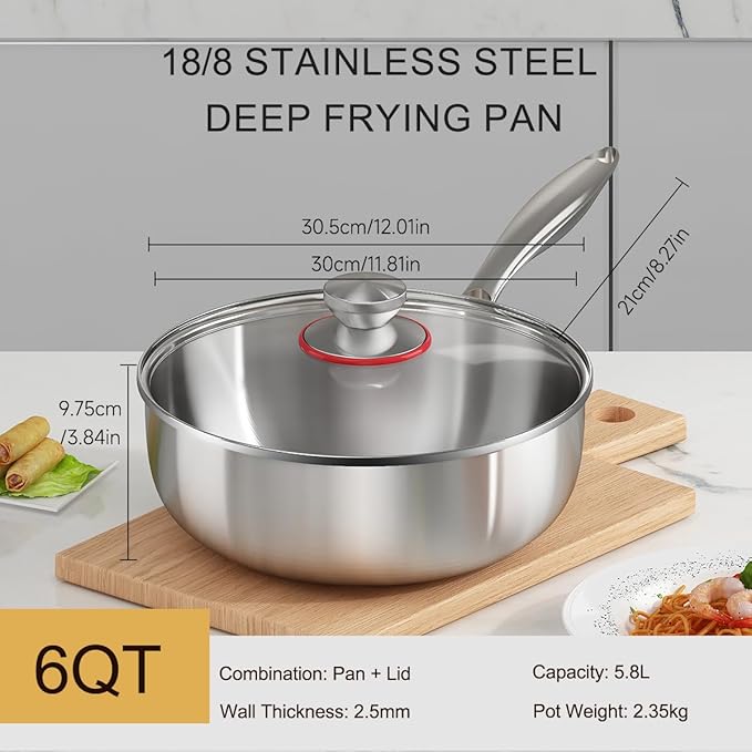 Tri-ply Stainless Steel Saute Pan 6-Quart with Clear Lid Deep Frying Pan for Chef's Cooking Wok Induction Oven Dishwasher Safe, Compatible with All Cooktops(Detachable Handle, 12 Inch)