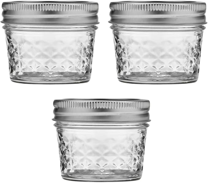 Ball Wide Mouth Quilted Crystal Jelly Jars with Lids and Bands, Used for Canning, Pickling, Juice, Jam, Jelly, Quarter Pint Size (4 Ounce (Pack of 3))