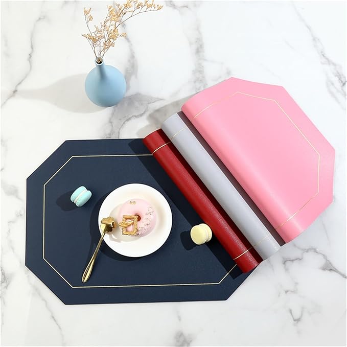 Placemat for Dining Table Waterproof Non-Slip Octagonal Leather Place Mat Kitchen Accessories Coaster Cup Pad Two Sided Color(Dark Blue)