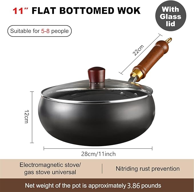 Carbon Steel Wok Pan, 11" Woks & Stir-Fry Pans with Glass Lid Cookwares, Nonstick Wok Flat Bottom Small Handmade Chinese Wok For for All Stoves