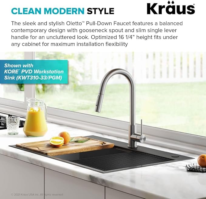 KRAUS Oletto Contemporary Pull-Down Single Handle Kitchen Faucet in Spot Free Stainless Steel, KPF-3104SFS