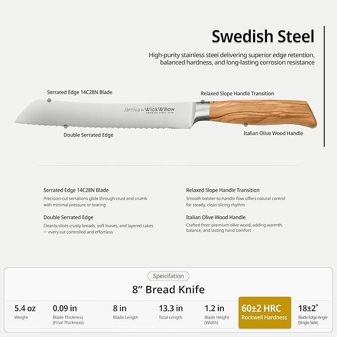 8 Inch Bread Knife – Double Serrated Swedish Steel Sourdough Knife with Italian Olive Wood Handle – Premium Serrated Knife for Homemade Bread, Pastries & Gifts for Home Bakers