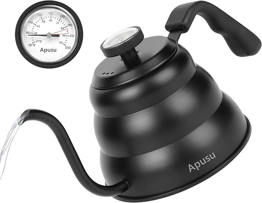 Pour Over Kettle for Manual Drip Coffee and Tea with Thermometer 28oz Gooseneck Kettle with Flow Control Stainless Steel Water Kettle for Stovetop,800ml,4 Cup,Black,1Pack