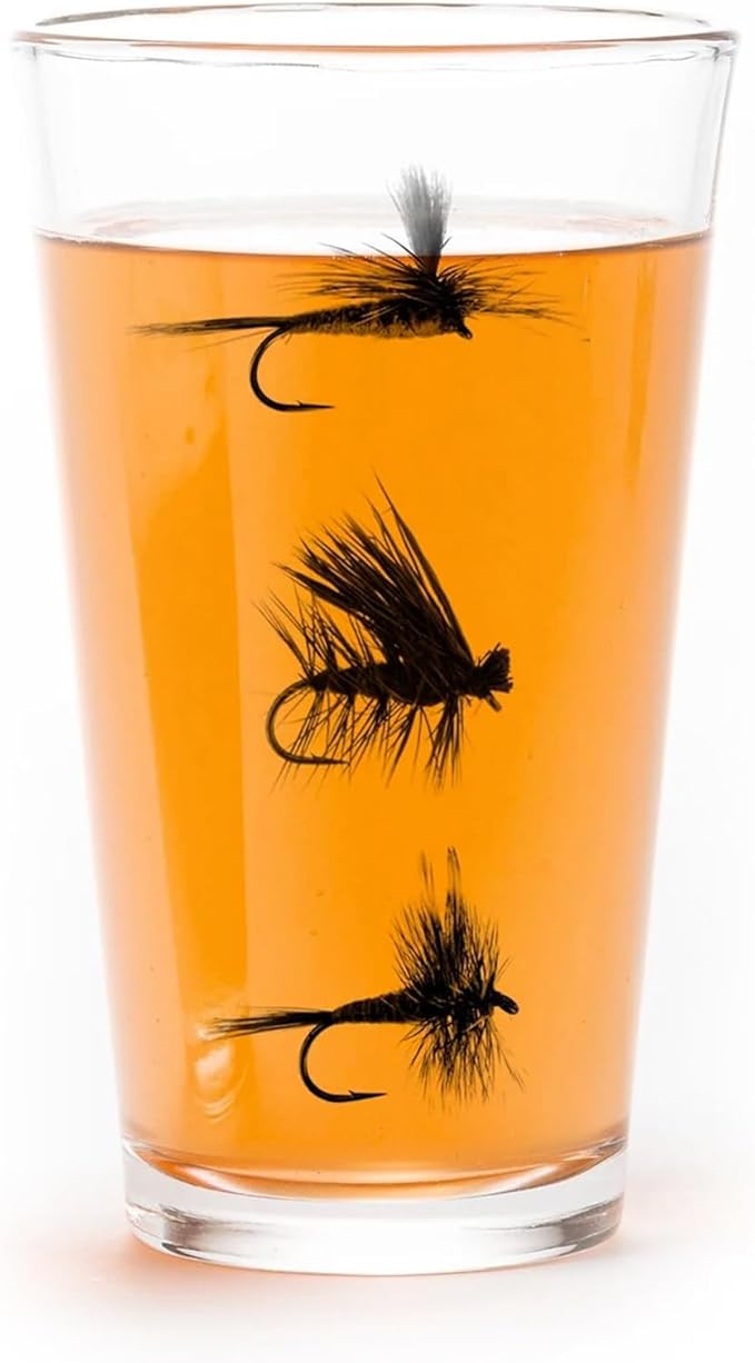 Black Lantern Fly Fishing Pint Glass – 16 oz Craft Beer Glass with Assorted Fishing Fly Lure Print – Heavy Base Angler Barware