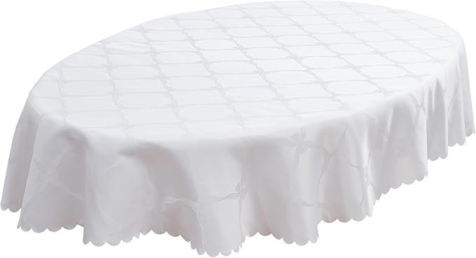 Newbridge Ribbons and Bows Damask Spring & Easter Holiday Fabric Tablecloth, White, 60 x 102 Inch Oval, Wrinkle & Stain Resistant Table Cover