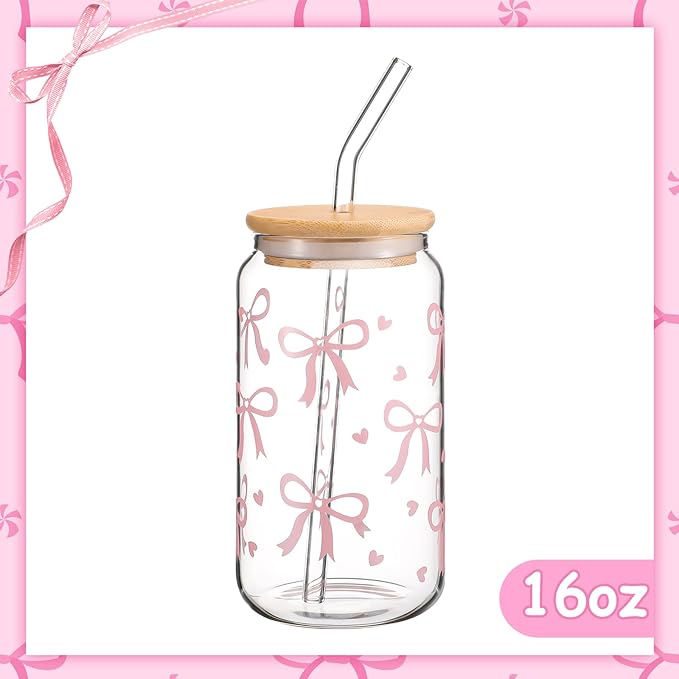 Hoolerry Valentines Bow Glass Cup, 16 oz Pink Bow Cup with Lid and Straw, Vintage Coquette Aesthetic Drinking Jar for Girls Women Valentines Birthday Party Favors
