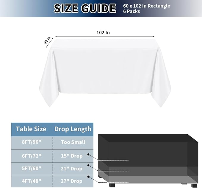 PureFit 6 Pack Rectangle White Table Cloths 60 x 102 Inch for 6Ft Tables, Stain and Wrinkle Resistant Table Linens for Home Use, Wedding, Party, Banquet and Camping