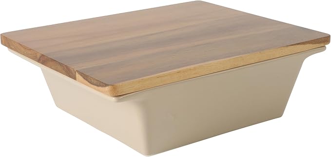 Gibson Elite 2-Quart 10" x 8.5" Stoneware Baking Dish with Acacia Wood Lid – Taupe Rectangular Oven Safe Baker for Casseroles, Roasting & Serving