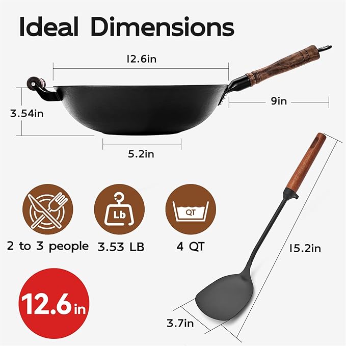 WANGYUANJI 12.6 Inch Iron Wok with Wooden Lid and Spatula, Flat Bottom Chemical-Free Uncoated Stir Fry Pan for Induction, Gas and Electric Stoves