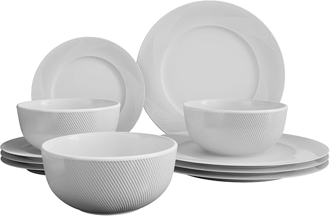 Yoshy 12-Piece White Bone China Dinnerware with Lightweight Durable Chip Resistant Design Service for 4 (12 Piece - Service for 4, Rhythmlight)