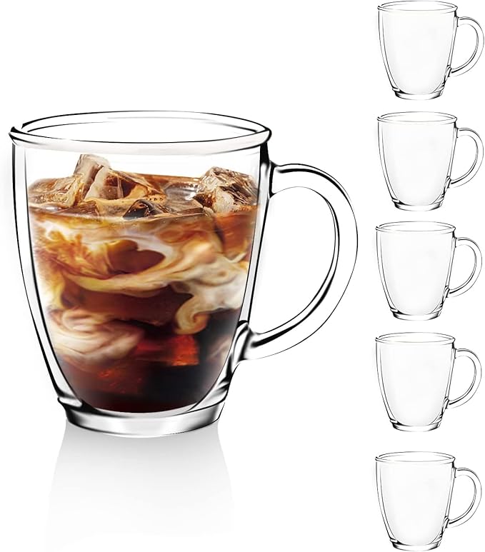 D.M DESIGN·MASTER [6 PACK,12 OZ - Premium Glass Coffee Mugs with Handle. Transparent Tea Glasses for Hot/Cold Beverages, Perfect Design for Americano, Cappuccino, Tea and Beverage.