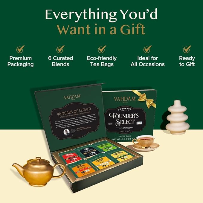 VAHDAM Top 6 Founder Select Assorted Tea Gift Set | 6 Flavors, 36 individually Wrapped Tea Bags | Gifts For Tea Lovers
