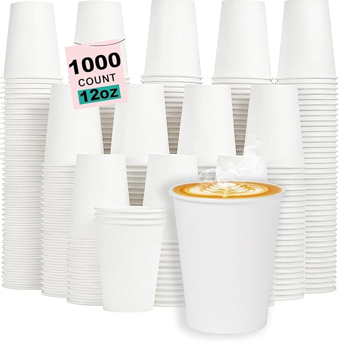 12 oz 1000 Pack Disposable Coffee Cups, Bulk White Disposable Paper Cups, Coffee Cups for Hot Tea, Chocolate and Cold Drinkse